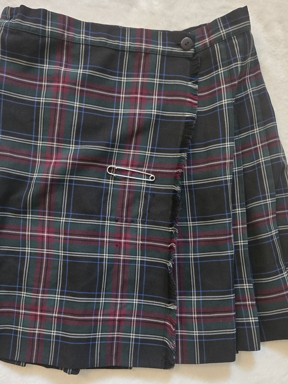 Black Plaid Wrap Mini Skirt with Burgundy & Blue Stripes
